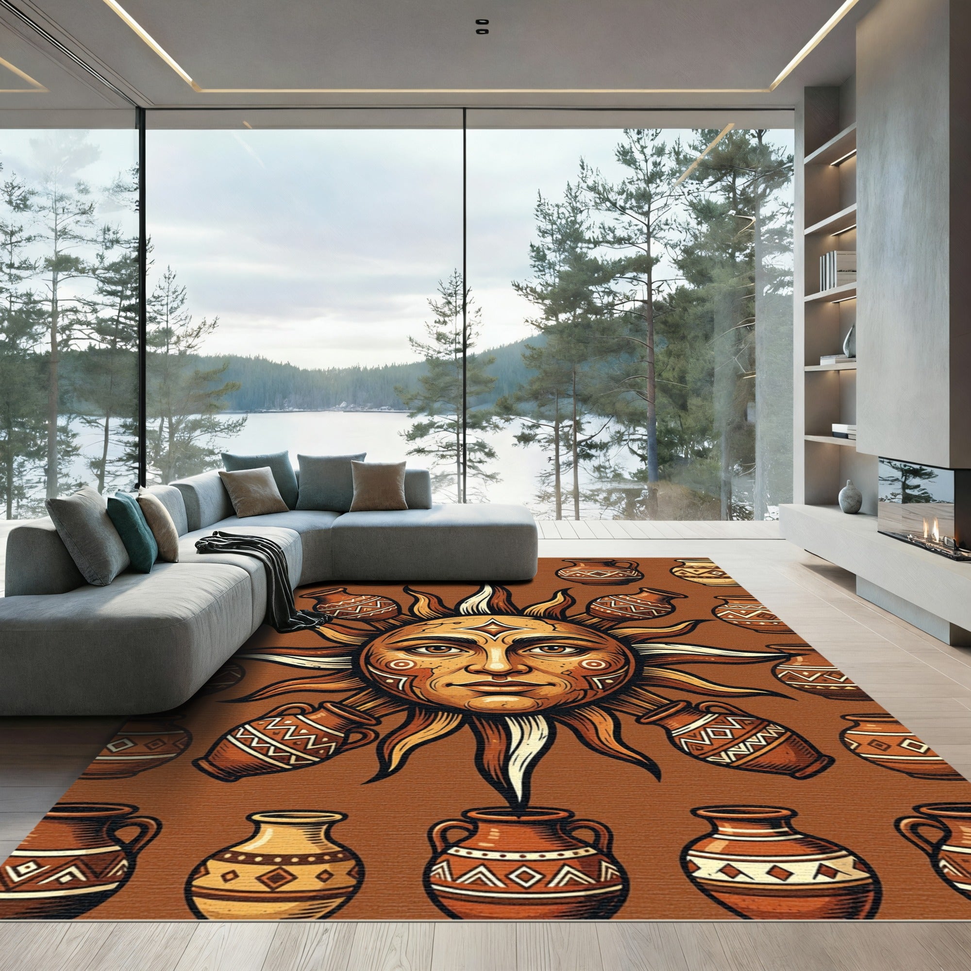 Earthy Sun Face Clay Vessel Rug