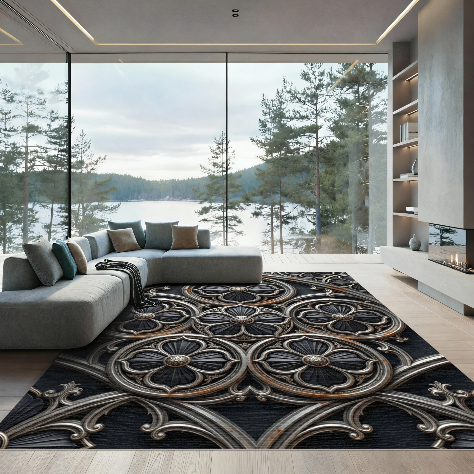 Gothic Charcoal Silver Quatrefoil Medallion Rug