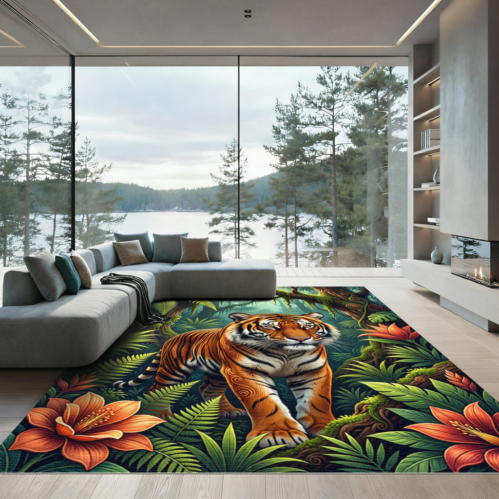 Vibrant Jungle Tiger Tropical Foliage Rug