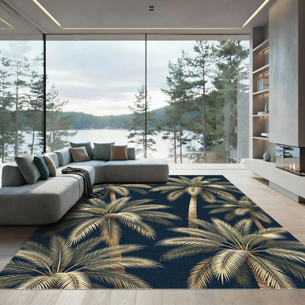 Golden Tropical Palm Navy Backdrop Rug