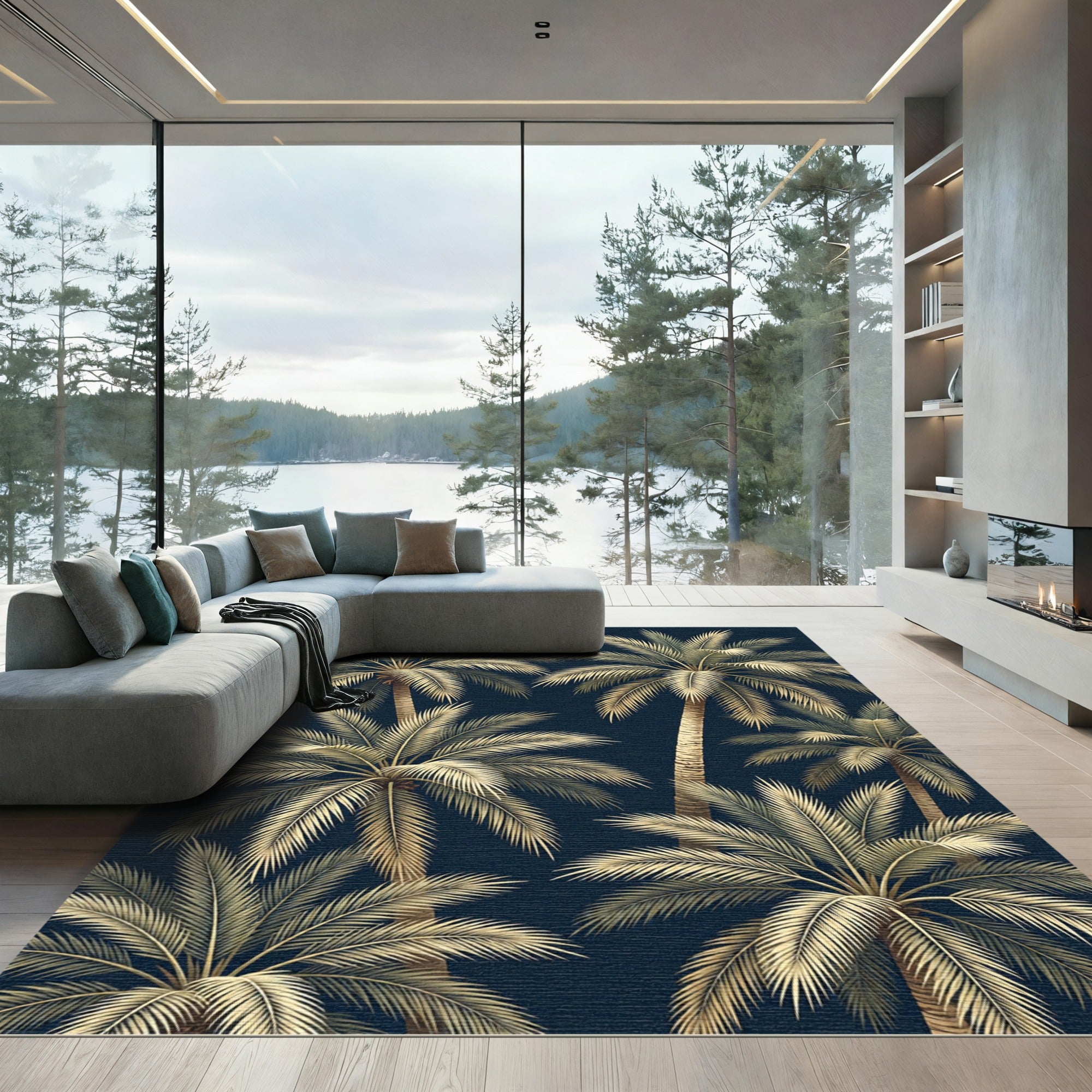 Golden Tropical Palm Navy Backdrop Rug