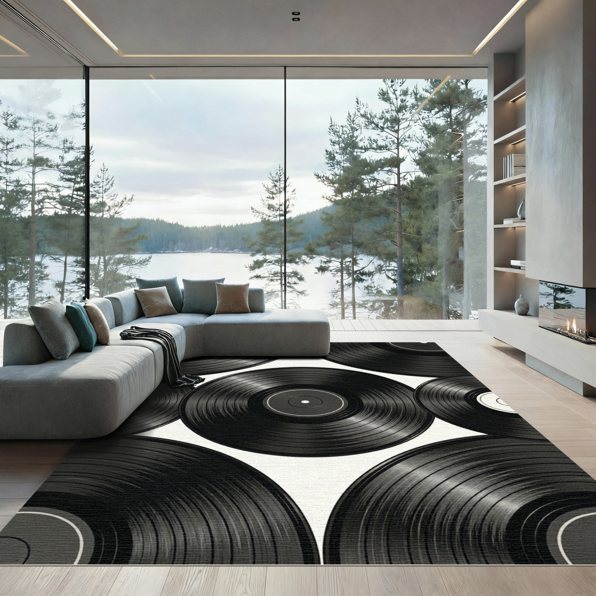 Monochromatic Retro Vinyl Record Grid Rug