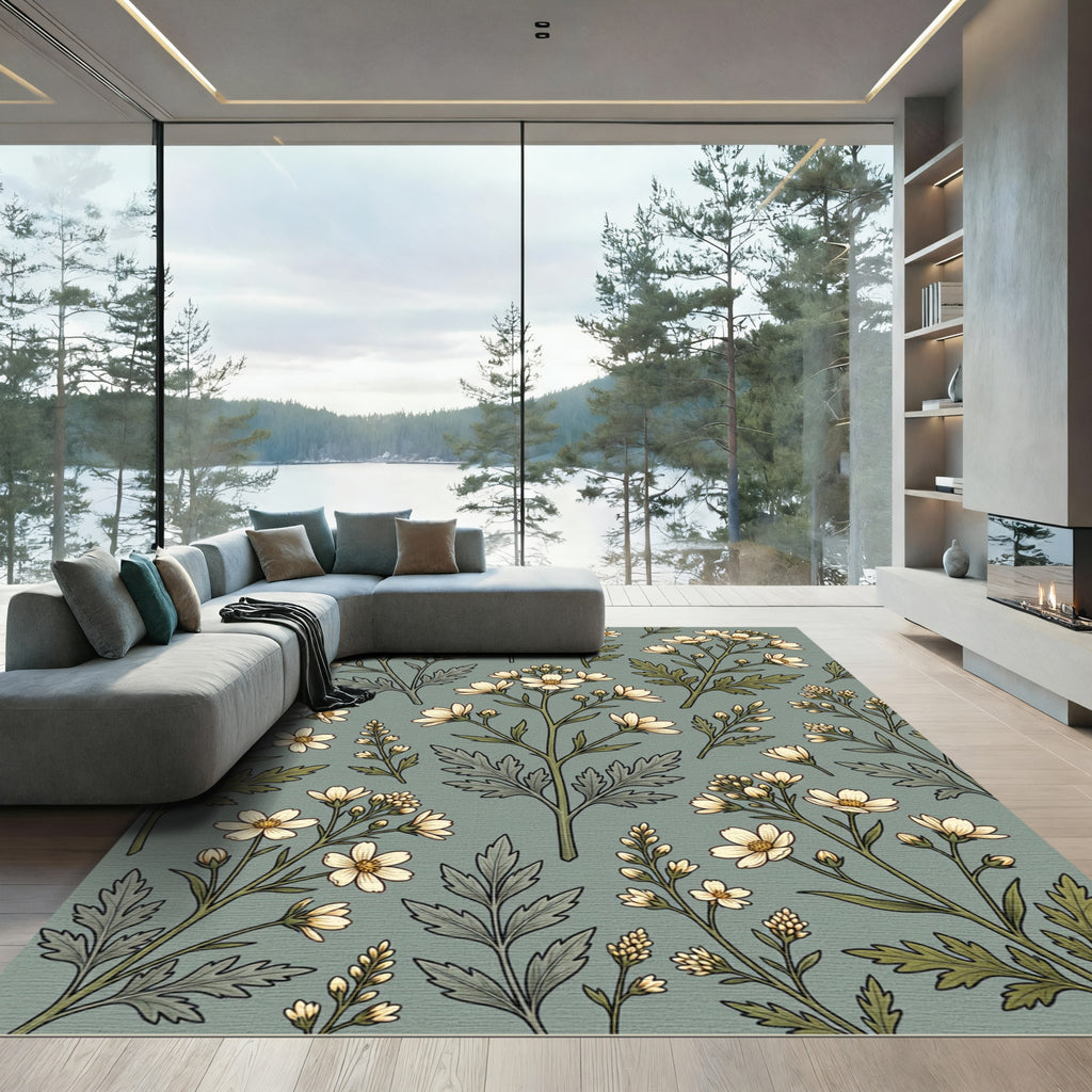 Sage Green Botanical Wildflower Meadow Rug