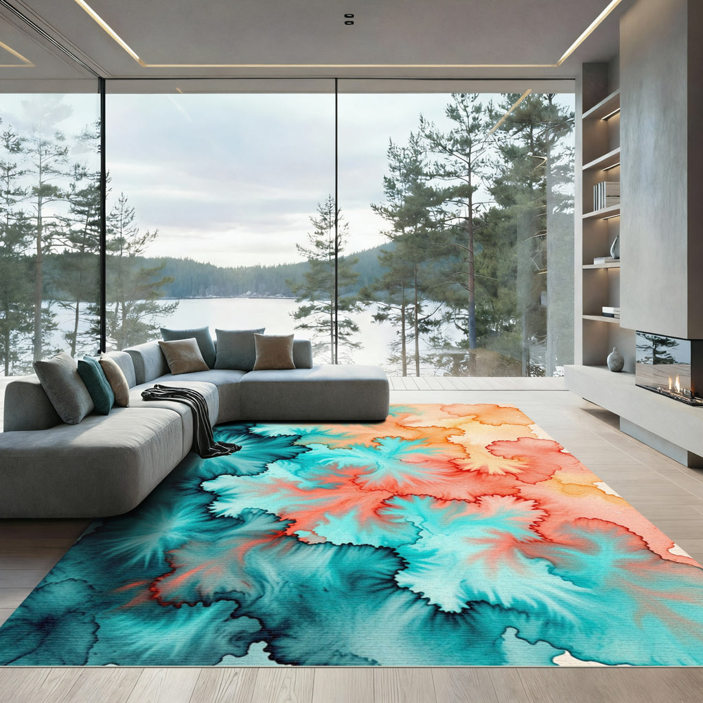 Vibrant Teal and Coral Abstract Ink Rug