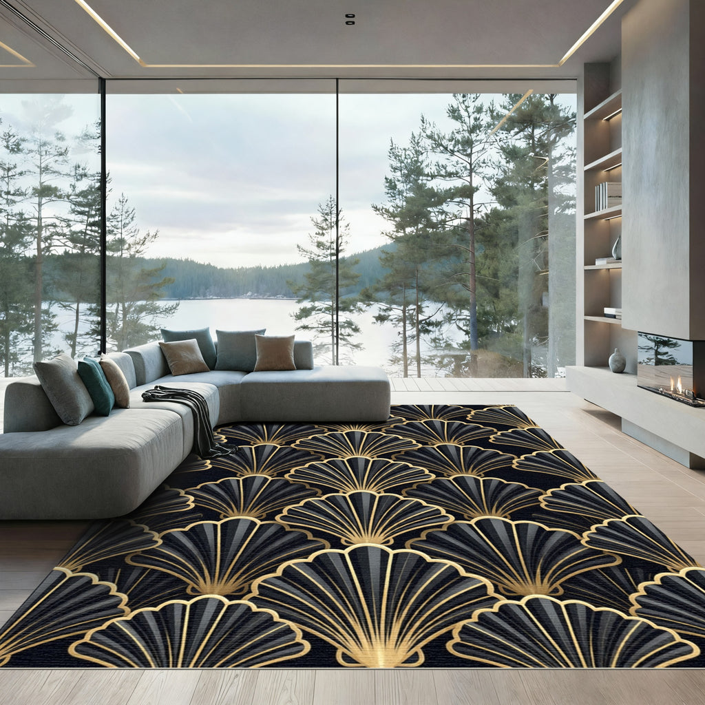 Elegant Gold and Black Art Deco Fan Rug
