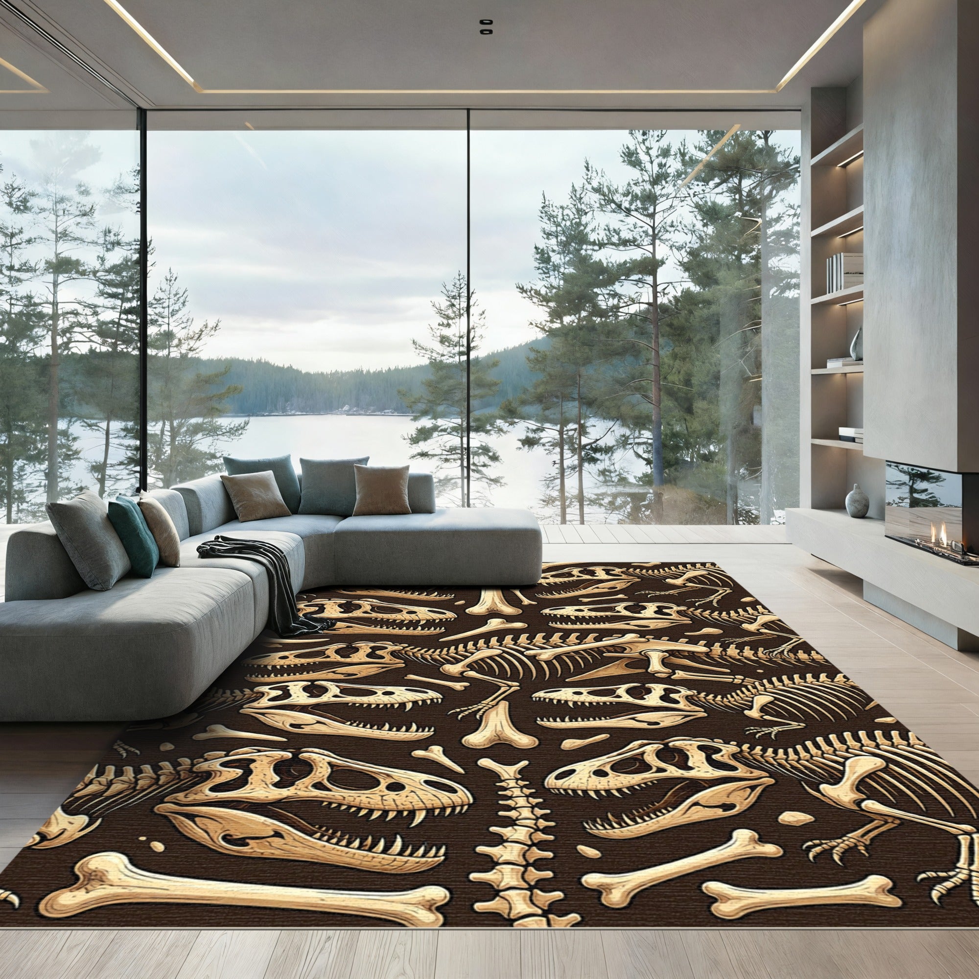 Prehistoric Fossil Bone Dark Brown Illustration Rug