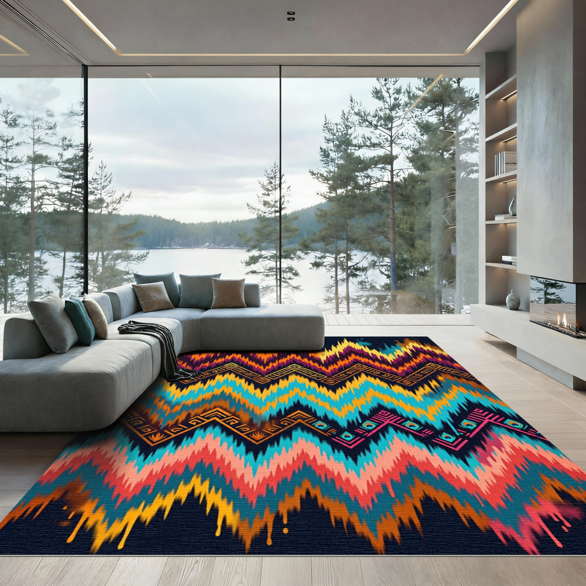 Vibrant Abstract Zigzag Boho Multicolored Tapestry Rug