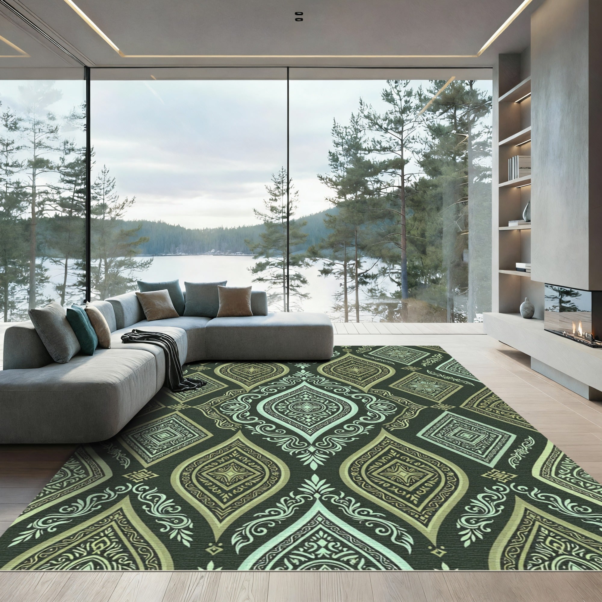 Sage and Olive Ornate Diamond Scroll Rug