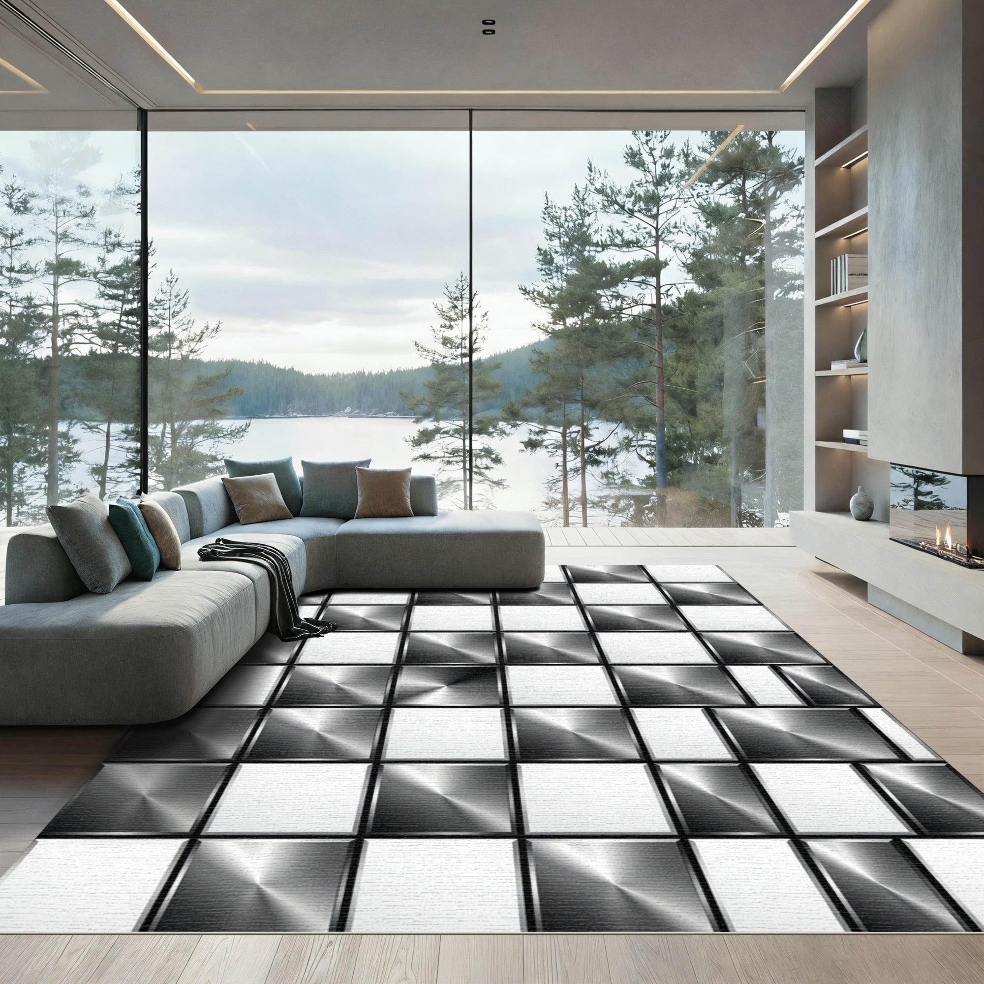 Metallic Black White Square Grid Rug