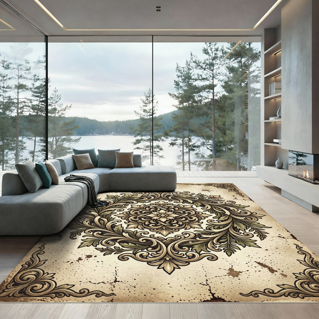Ornate Baroque Foliage Medallion Cream Rug
