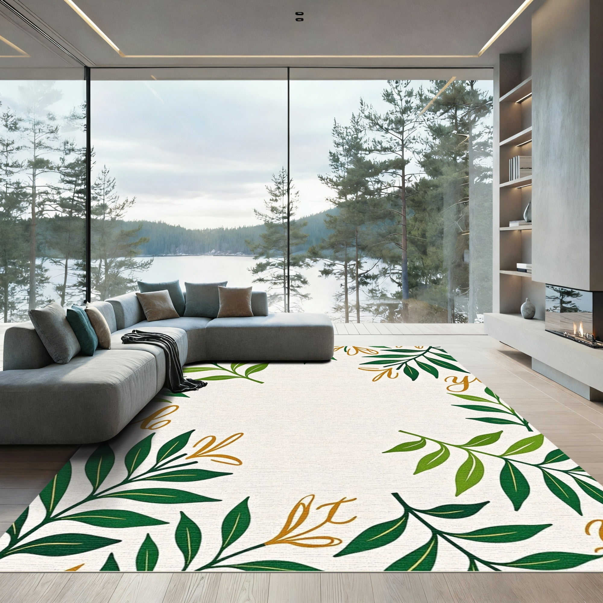 Golden Script Green Leaf Frame Rug