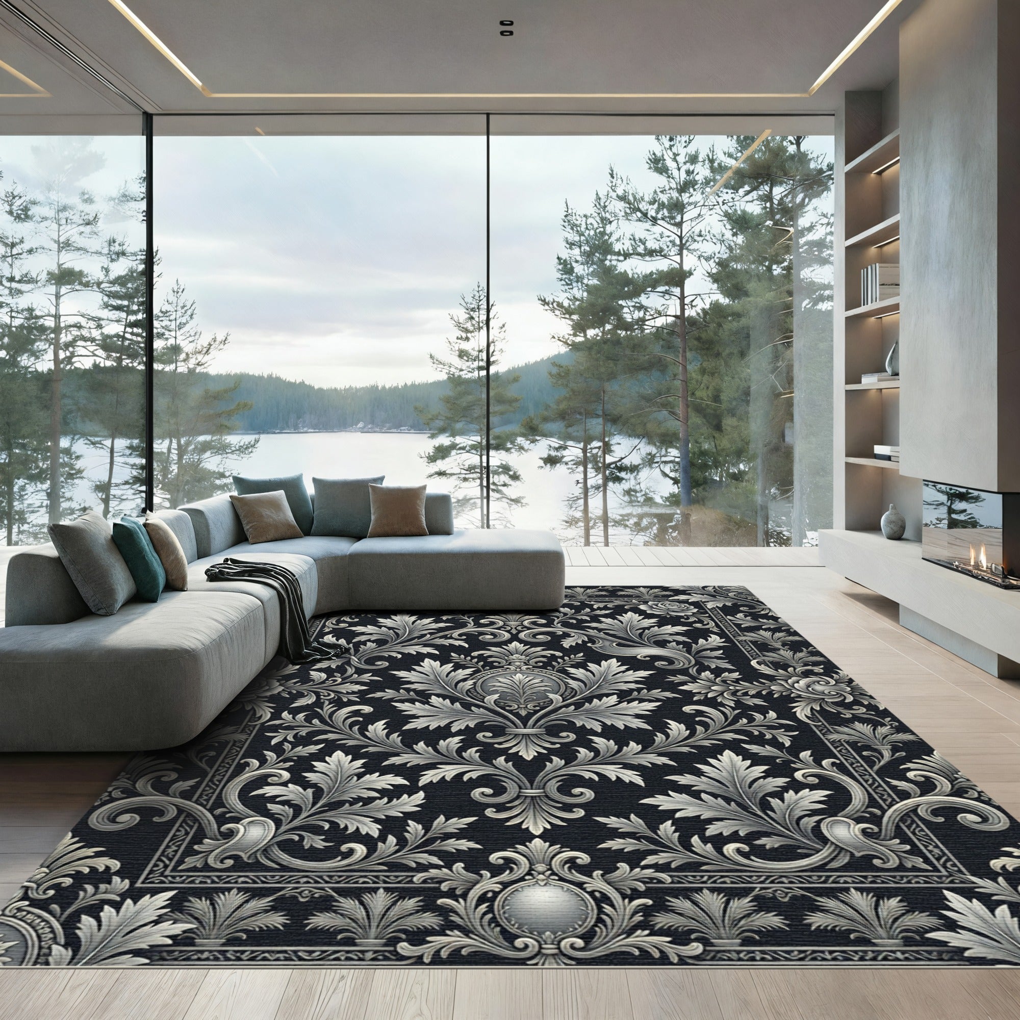 Ornate Silver Floral Acanthus Scroll Rug