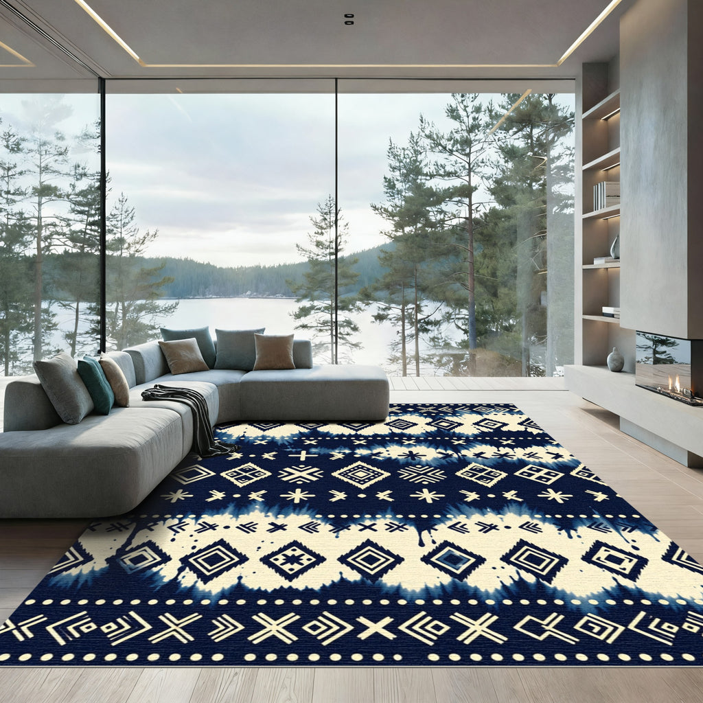 Indigo And Cream Ethnic Geometric Tie Dye Rug