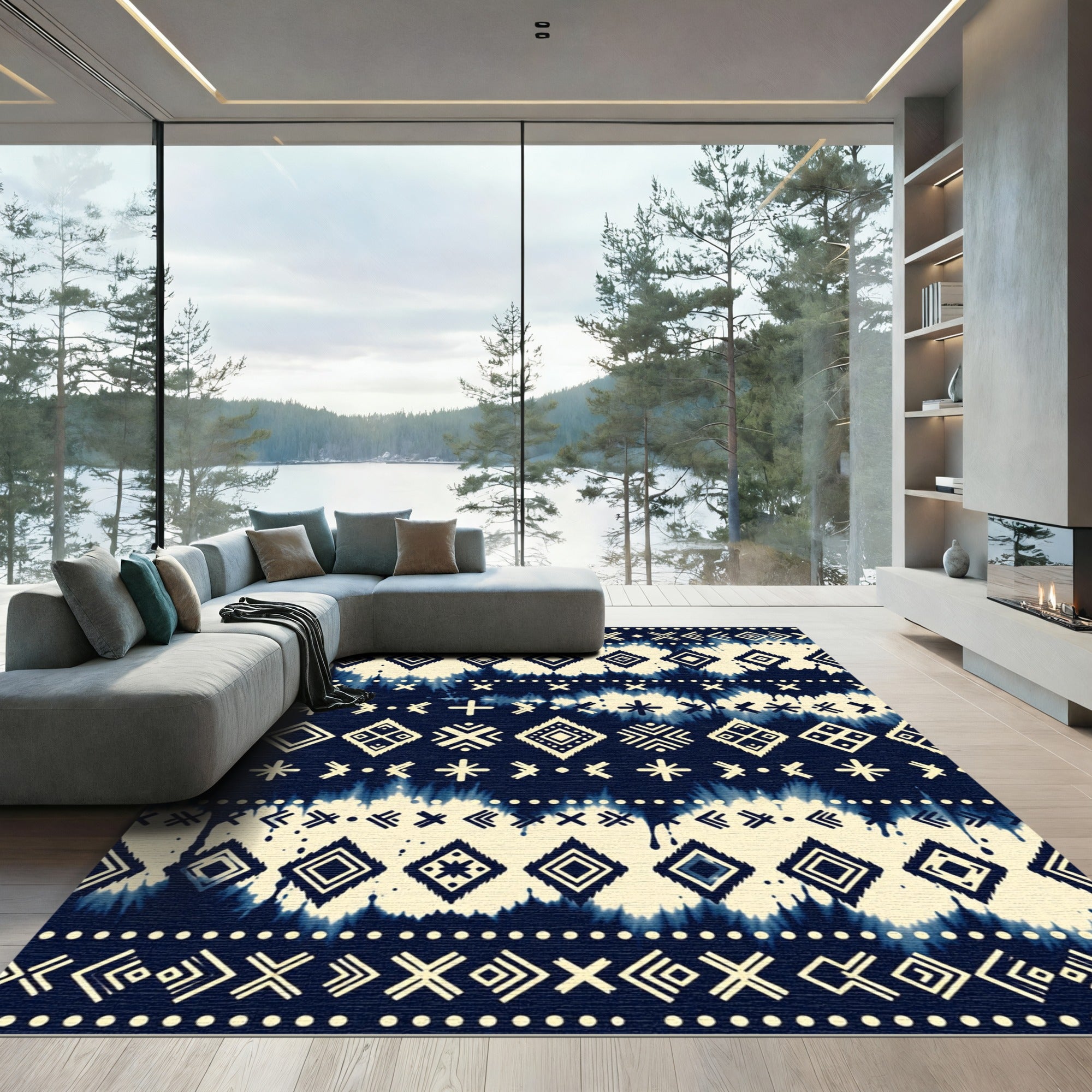 Indigo And Cream Ethnic Geometric Tie Dye Rug