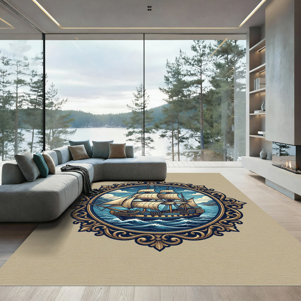 Golden Ornate Galleon Nautical Frame Rug