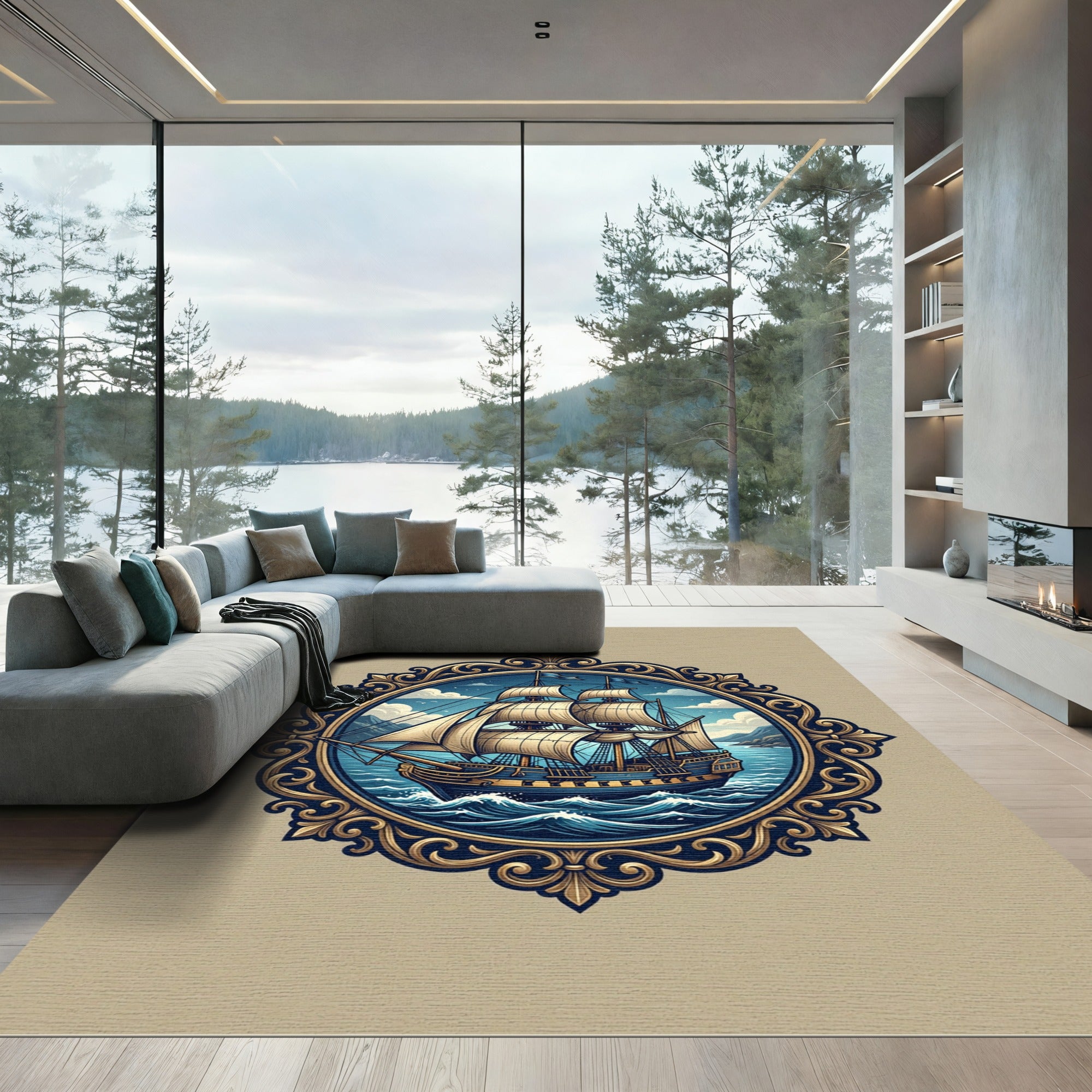 Golden Ornate Galleon Nautical Frame Rug