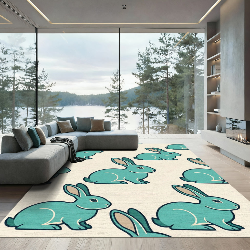 Whimsical Turquoise Rabbit Folk Art Rug