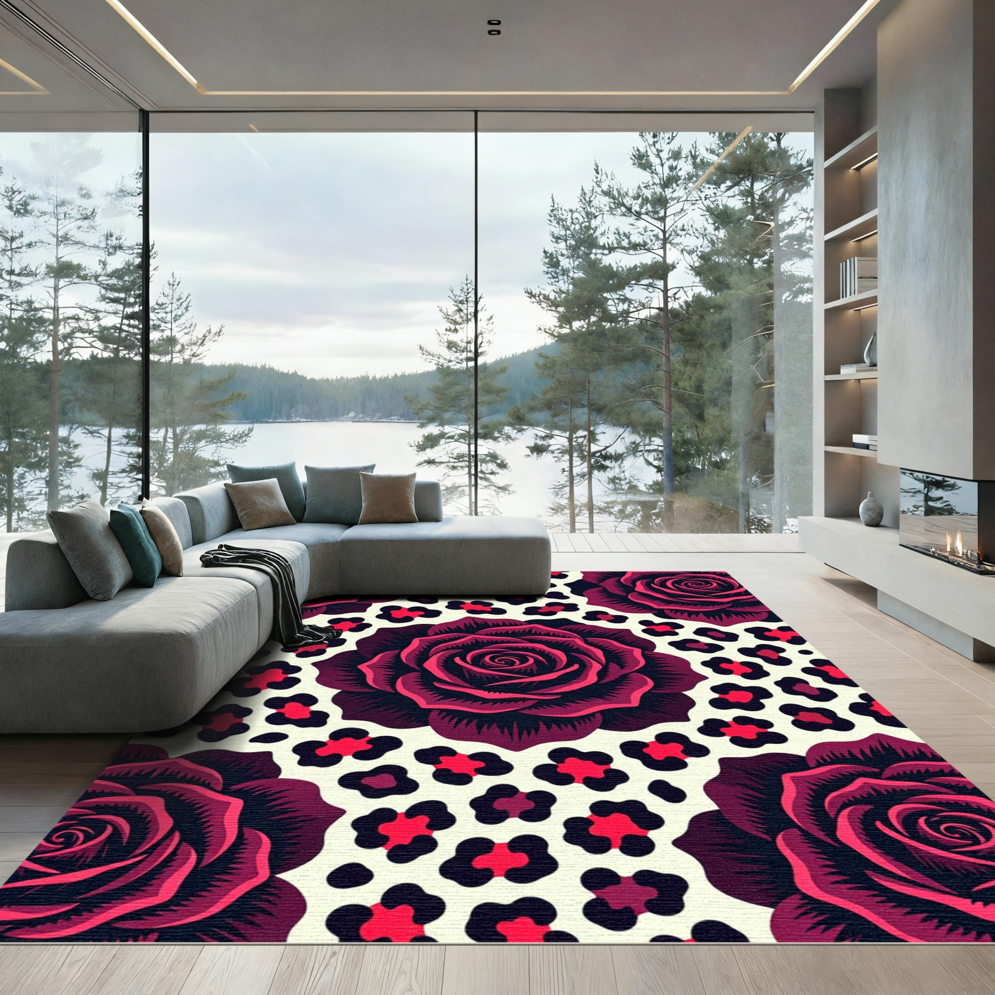 Dark Crimson Rose Leopard Spot Accent Rug