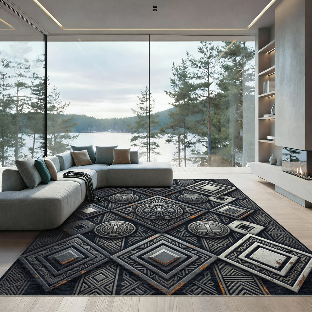 Dark Gray Geometric Diamond Medallion Rug
