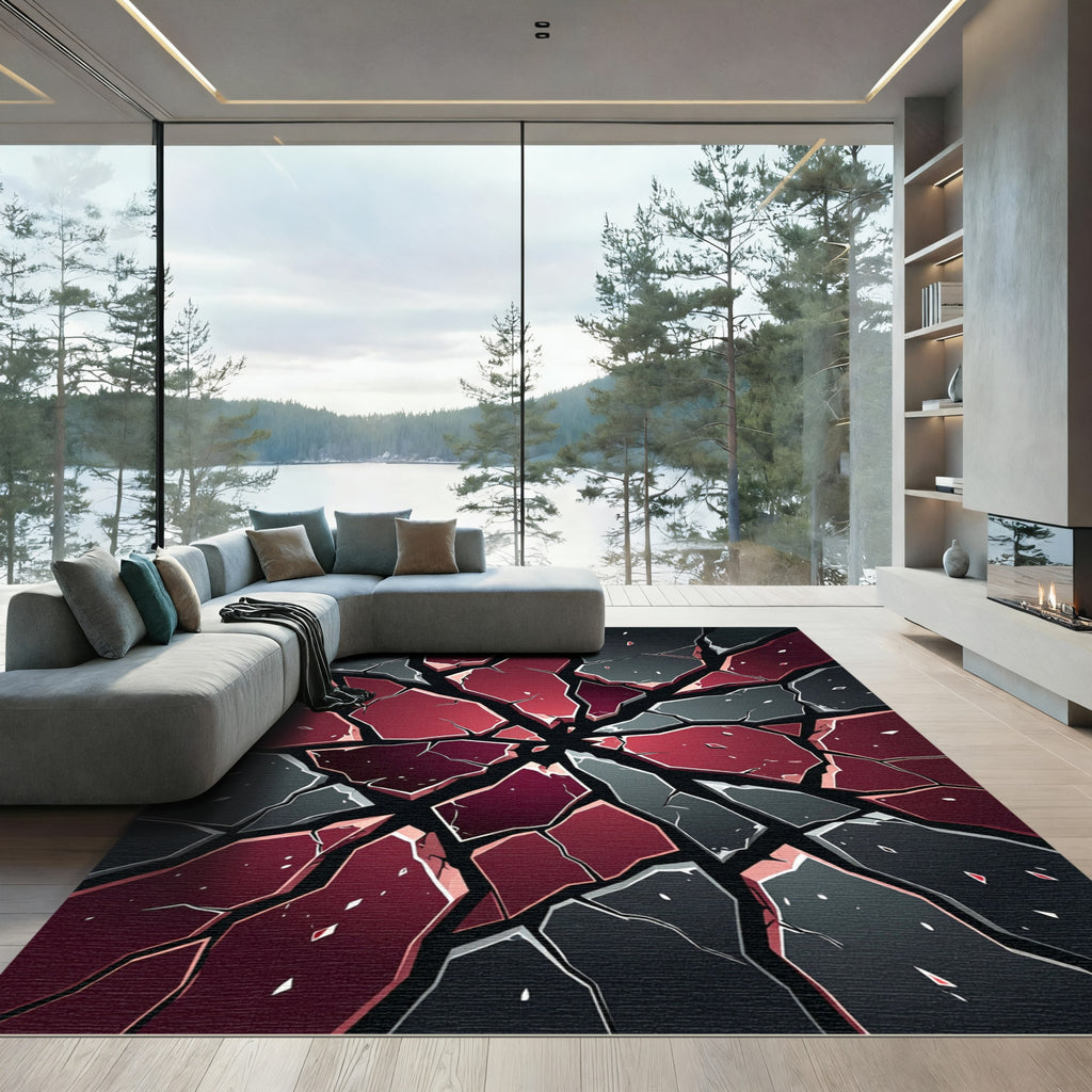 Shattered Crimson and Charcoal Angular Fractures Rug