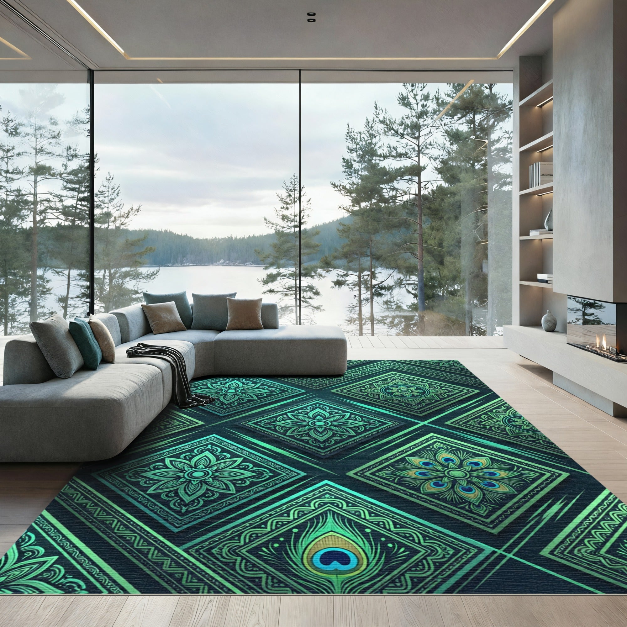 Emerald Teal Geometric Floral Diamond Rug