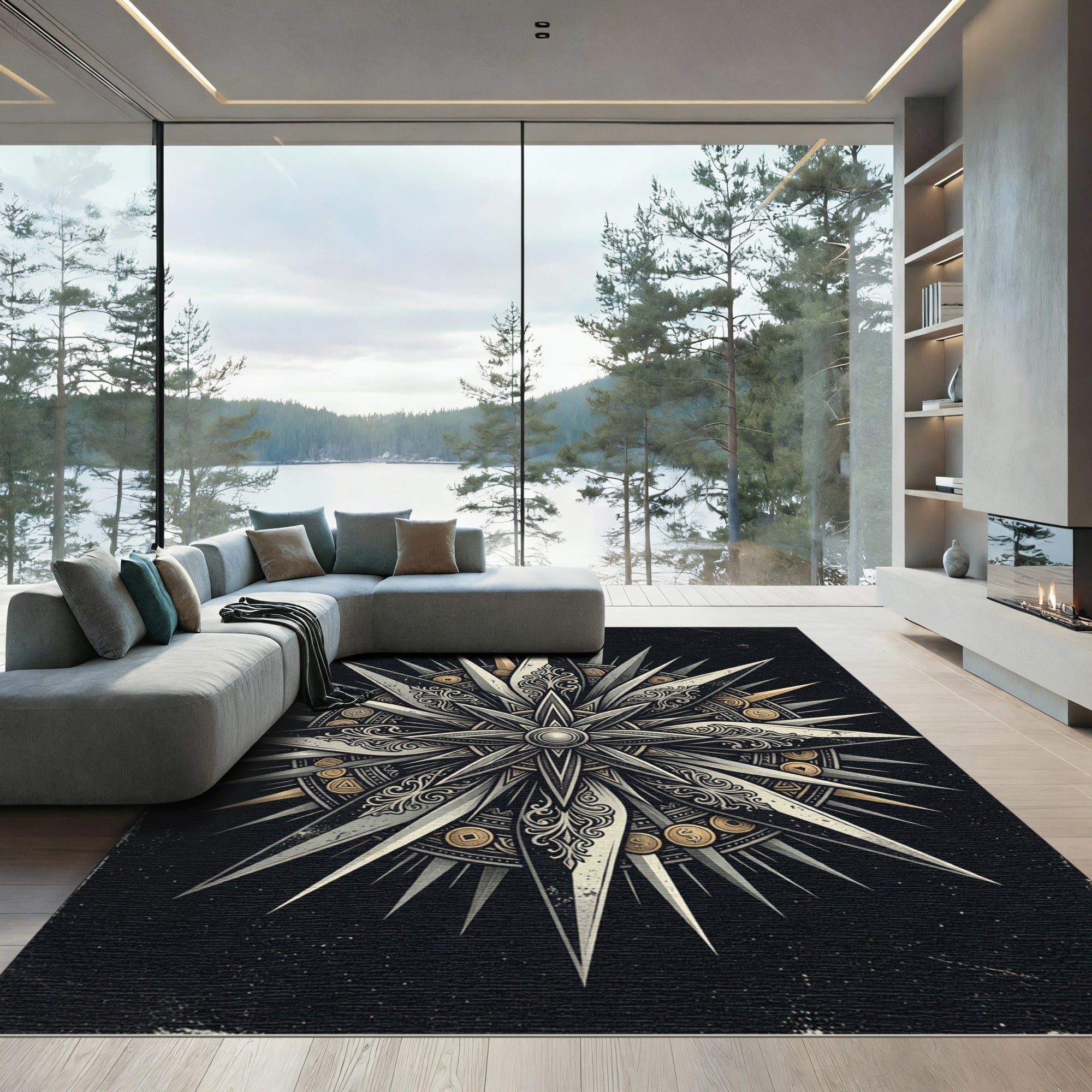 Gothic Silver Compass Star Medallion Rug