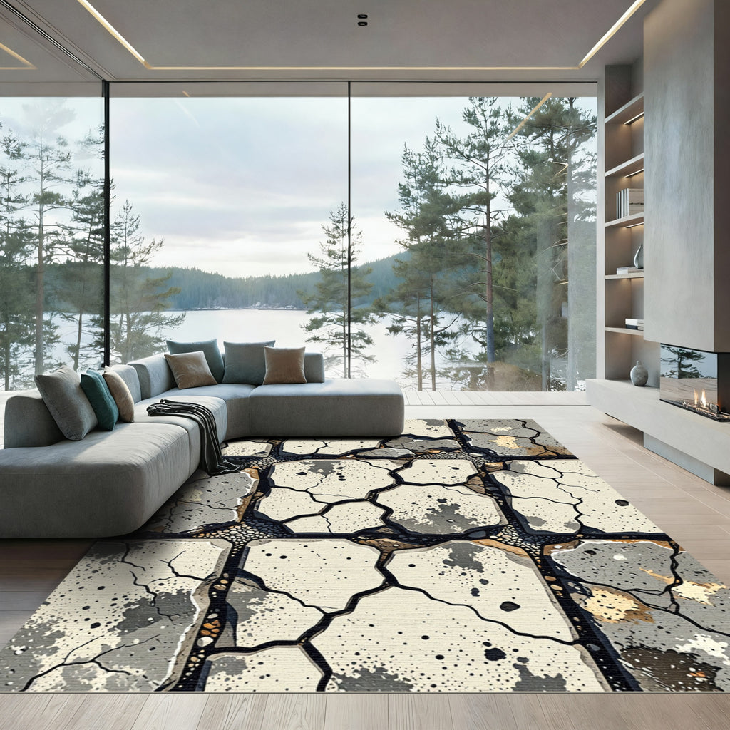 Cracked Stone Pavement Grayscale Detail Rug