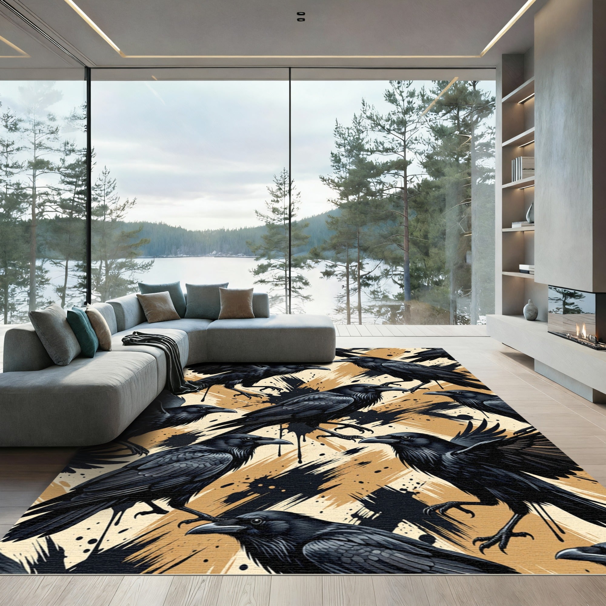 Gothic Raven Black and Gold Artwork Rug