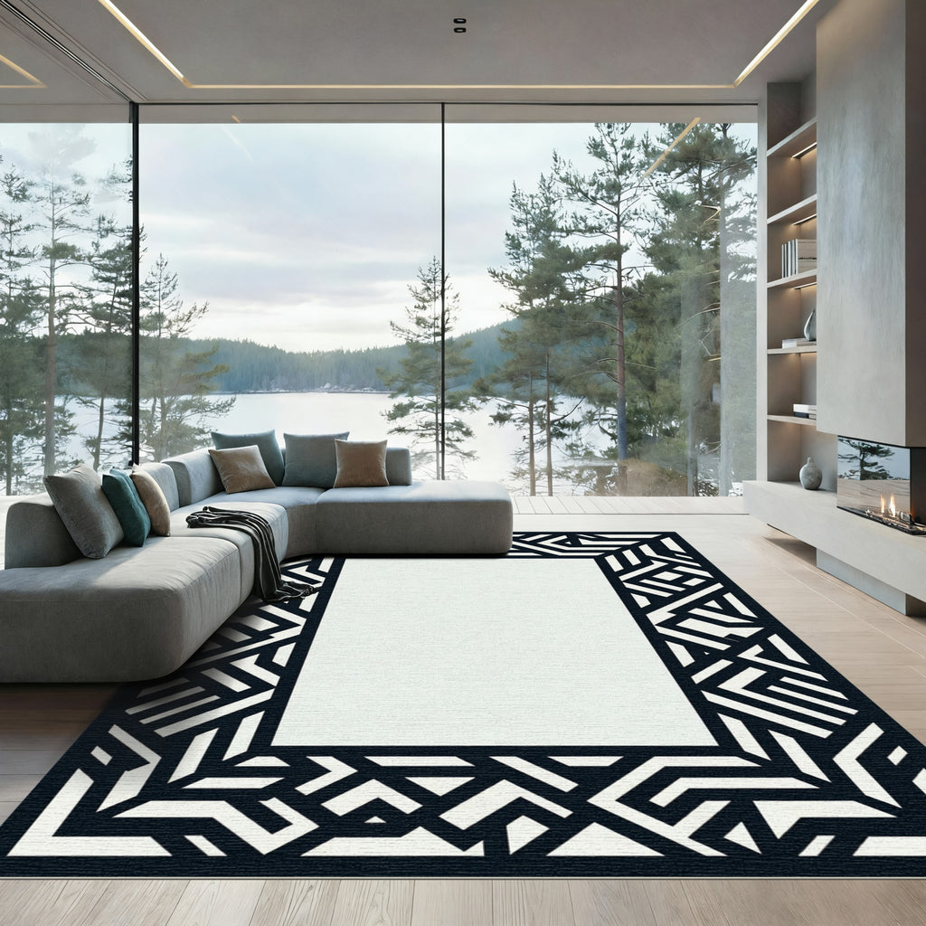 Bold Black White Geometric Framework Rug