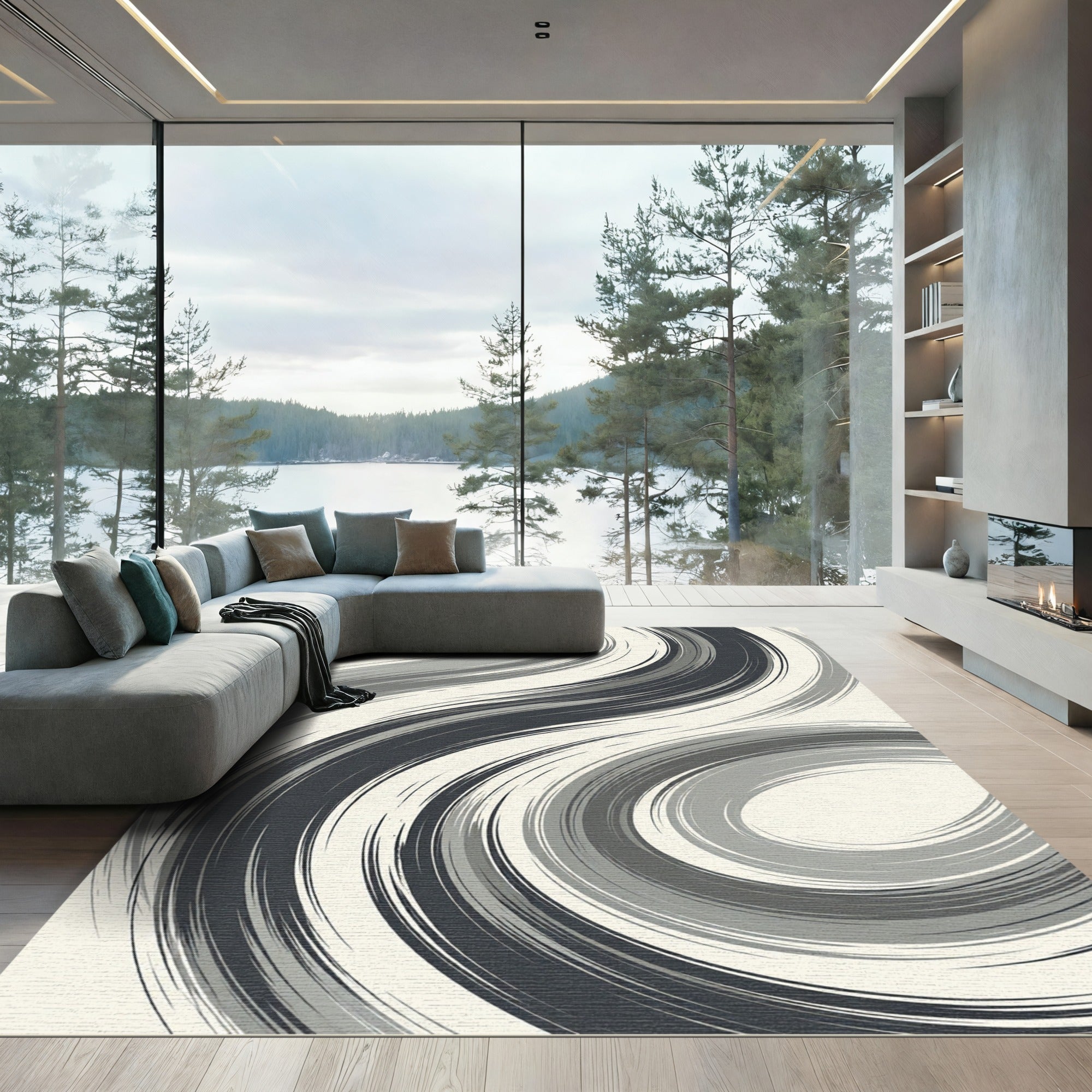 Monochrome Grey Swirl Calligraphy Rug