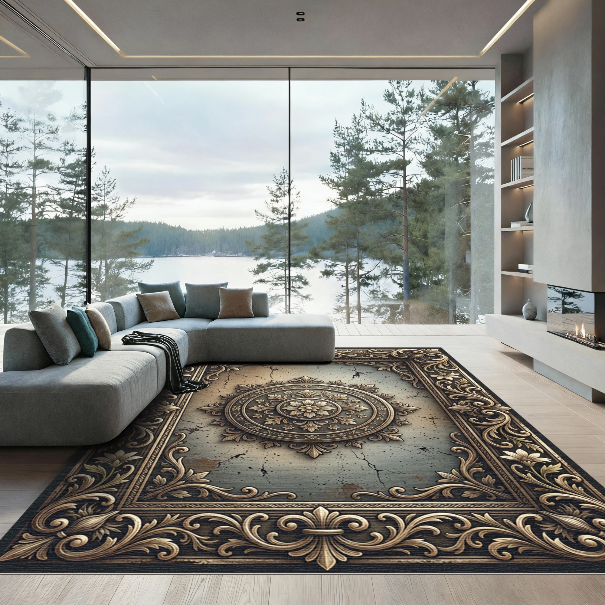 Ornate Gold Floral Frame Rug