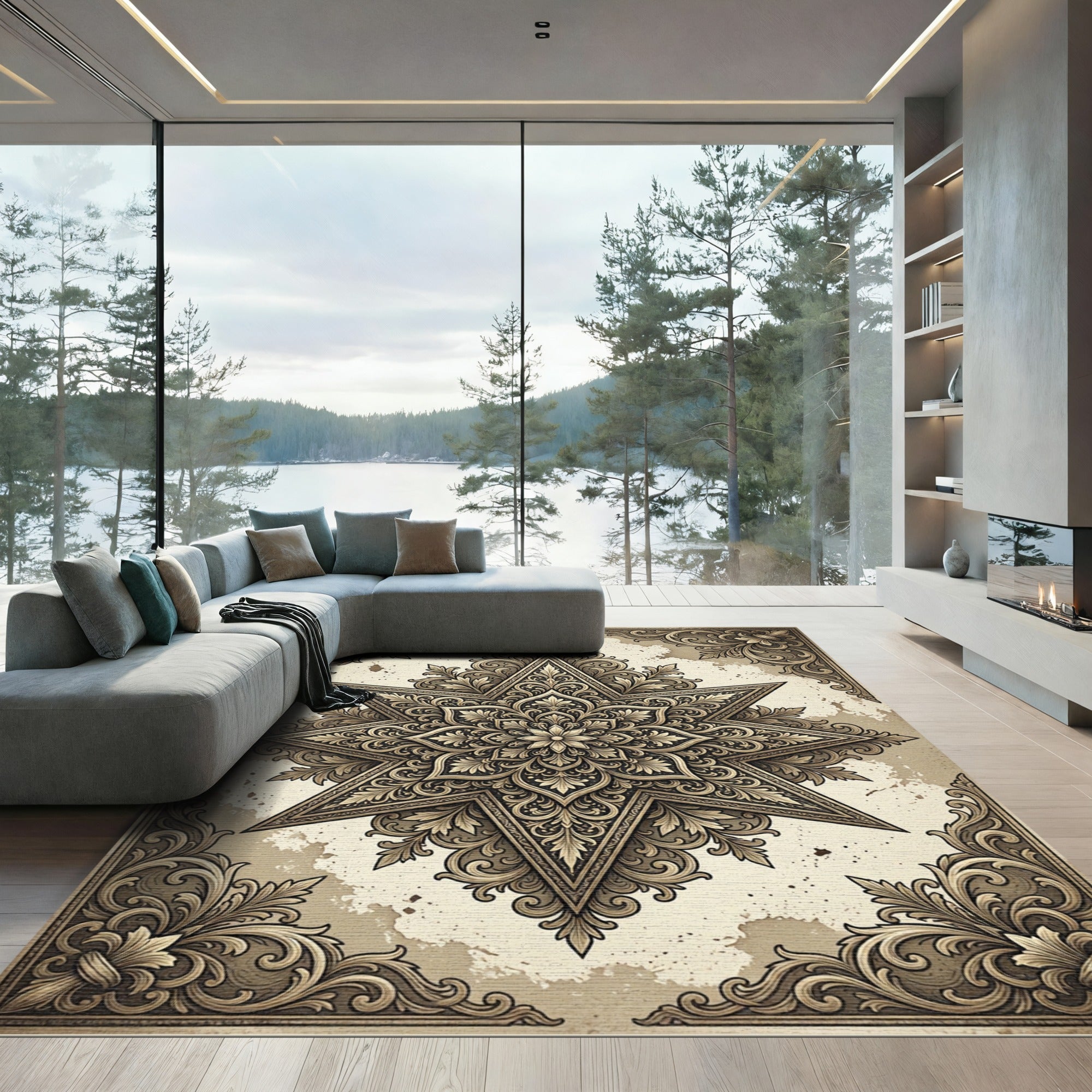 Ornate Golden Star Mandala Rug