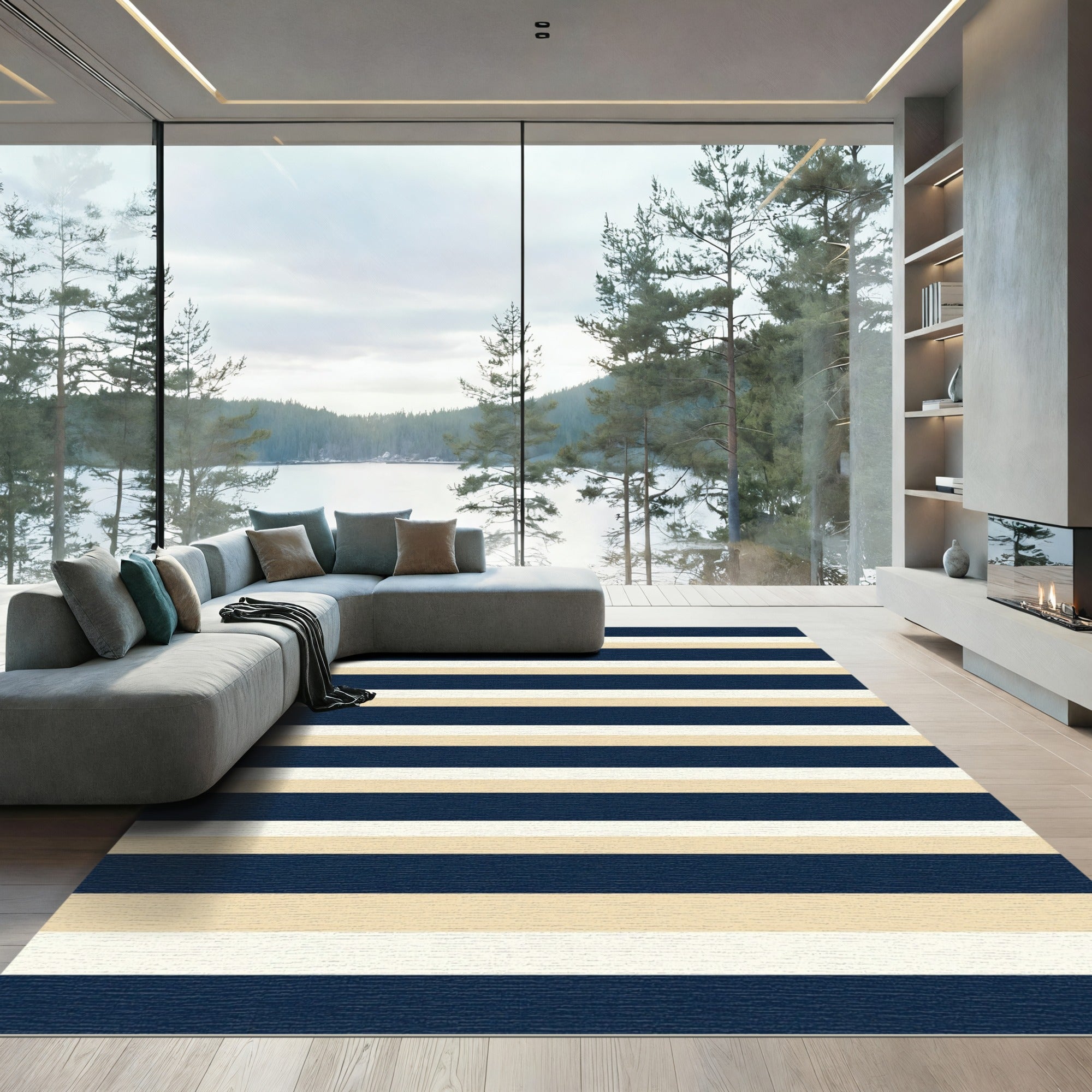 Navy Cream and Beige Linear Stripe Rug