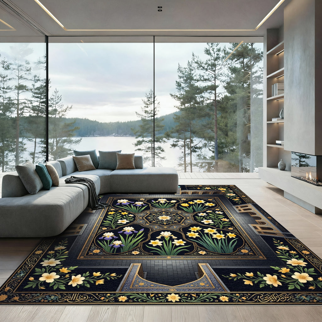 Midnight Floral Garden Iris Daffodil Tapestry Rug