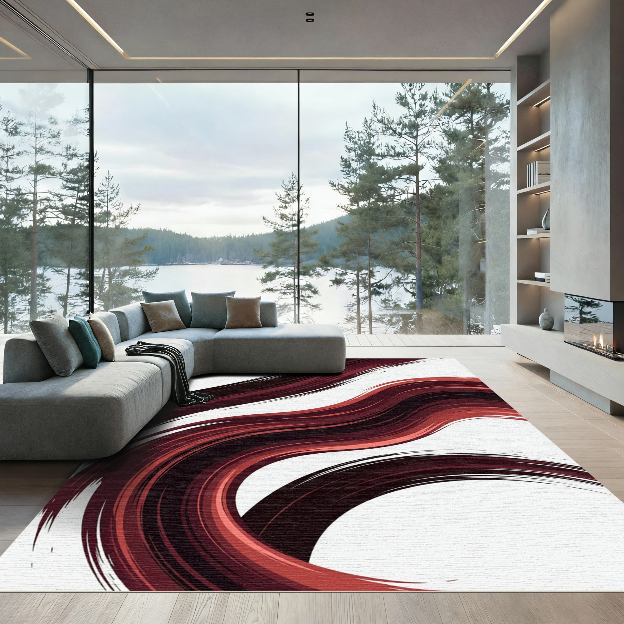 Modern Crimson Abstract Flowing Waves Rug