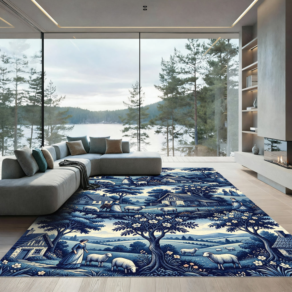 Blue Toile Countryside Pastoral Scene Rug