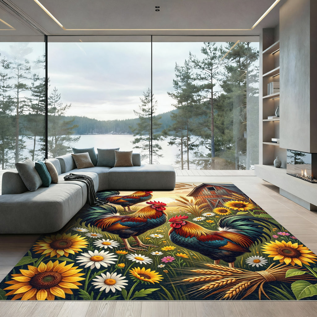Vibrant Rooster Farmhouse Sunflower Meadow Rug