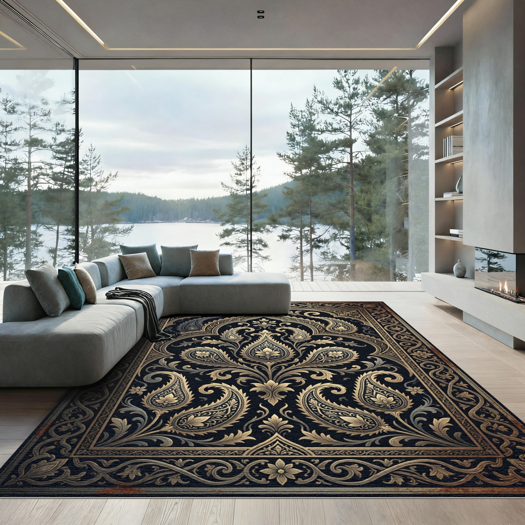 Dark Gold Ornate Paisley Scroll Art Rug