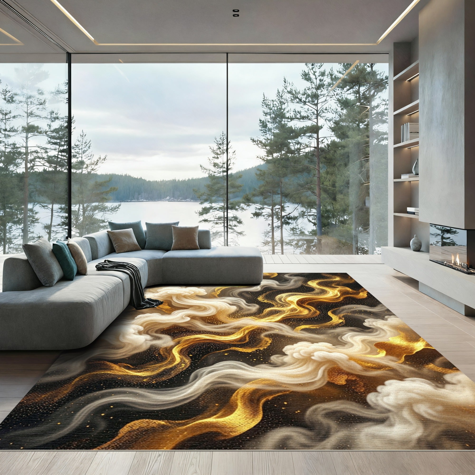 Golden Swirling Smoke Abstract Art Rug