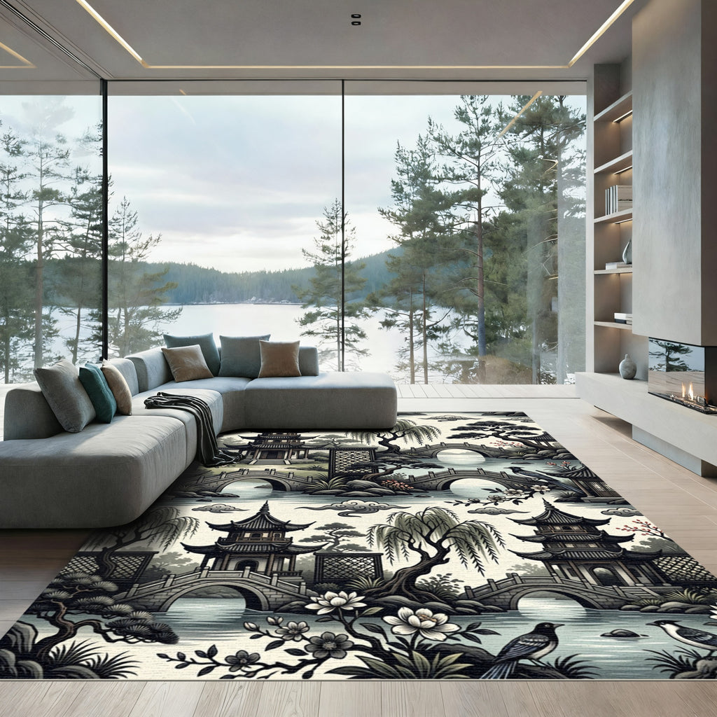 Serene Pagoda Garden Willow Trees Rug