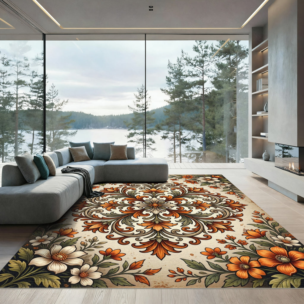 Vibrant Orange Floral Scrollwork Medallion Rug