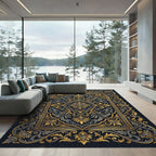 Ornate Gold and Charcoal Floral Damask Rug