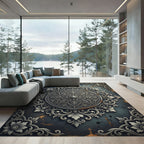 Ornate Charcoal Silver Floral Medallion Rug