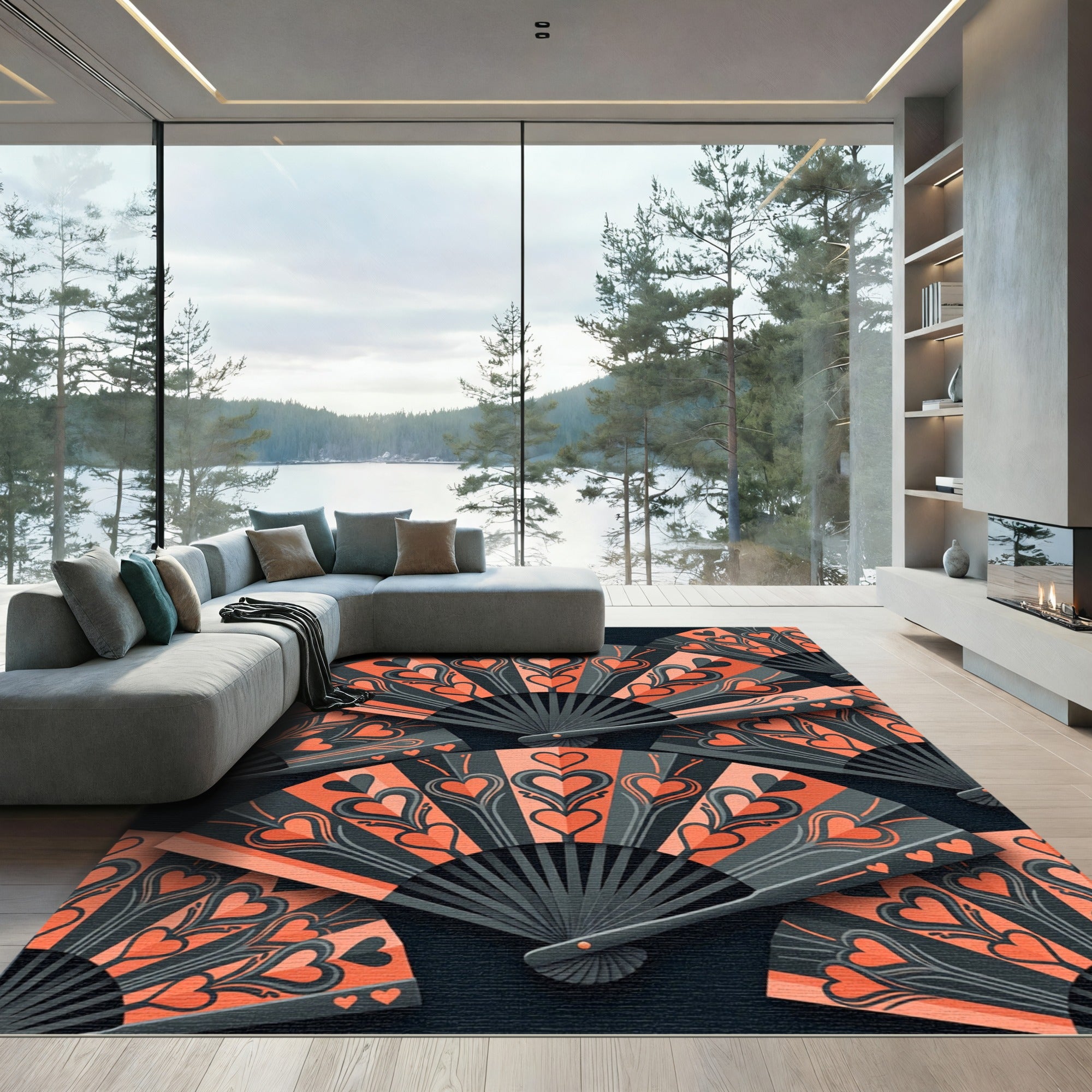 Coral Black Heart Fan Arrangement Rug