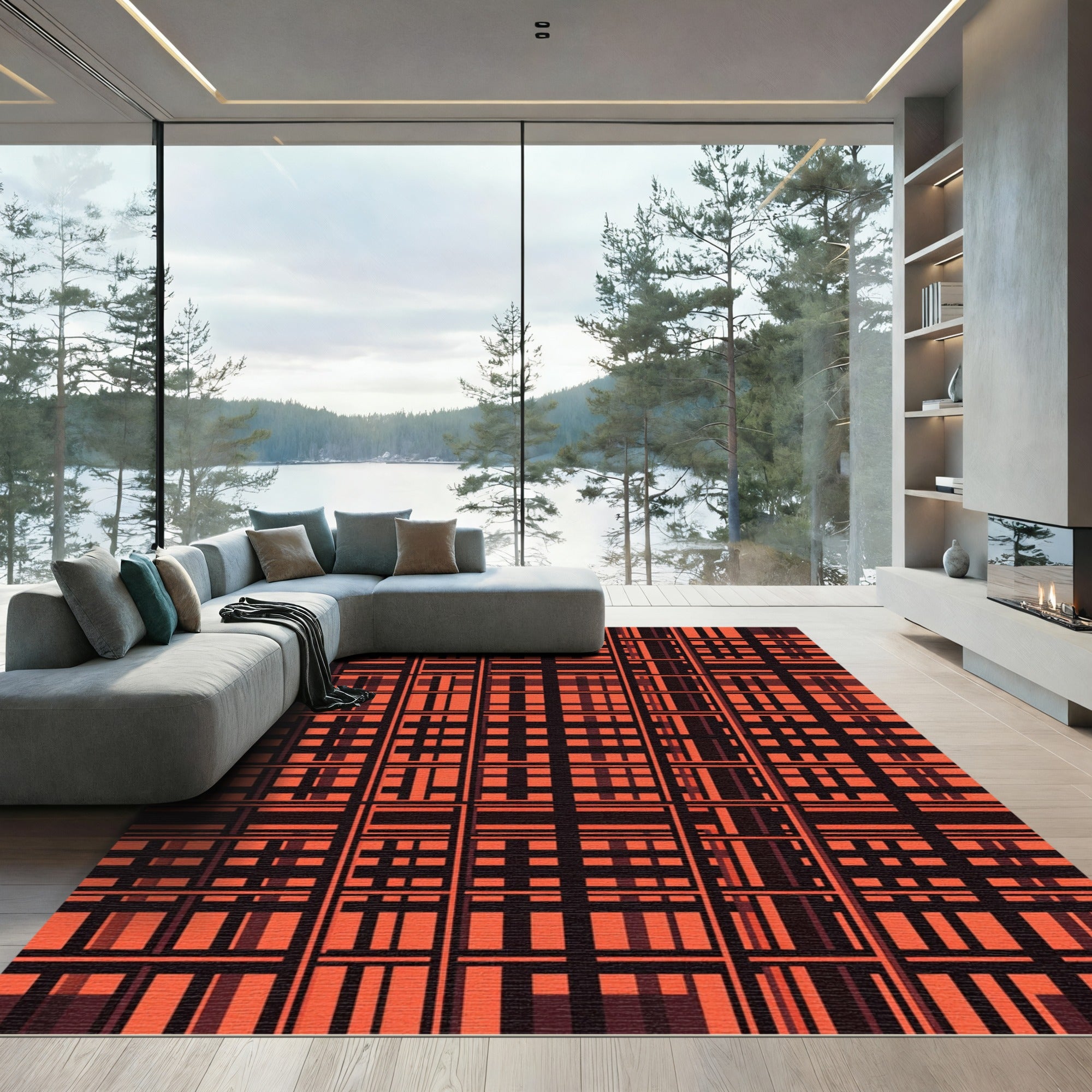 Crimson Plaid Geometric Lattice Rug