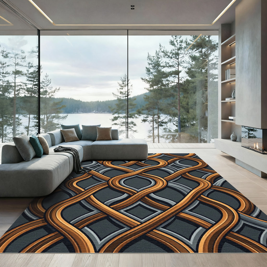 Intertwined Golden Bronze Silver Swirl Rug