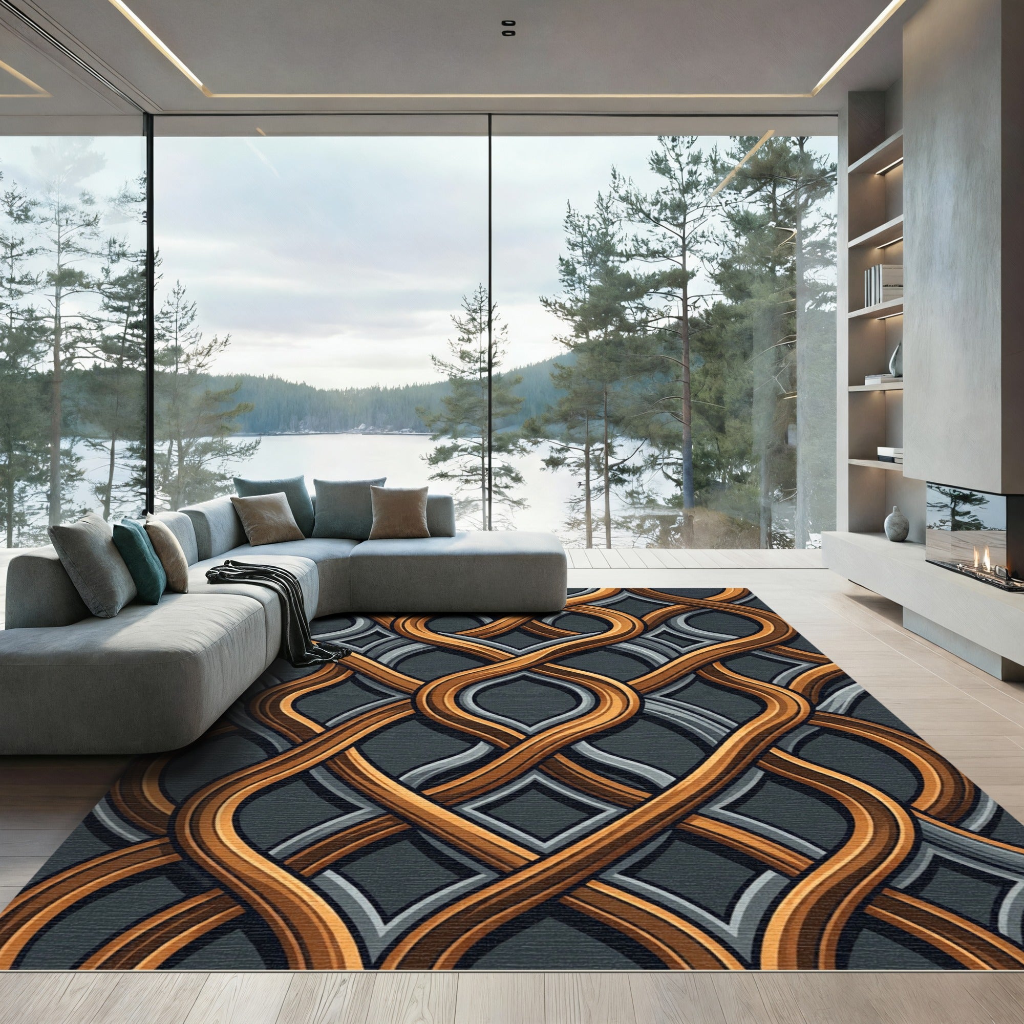 Intertwined Golden Bronze Silver Swirl Rug