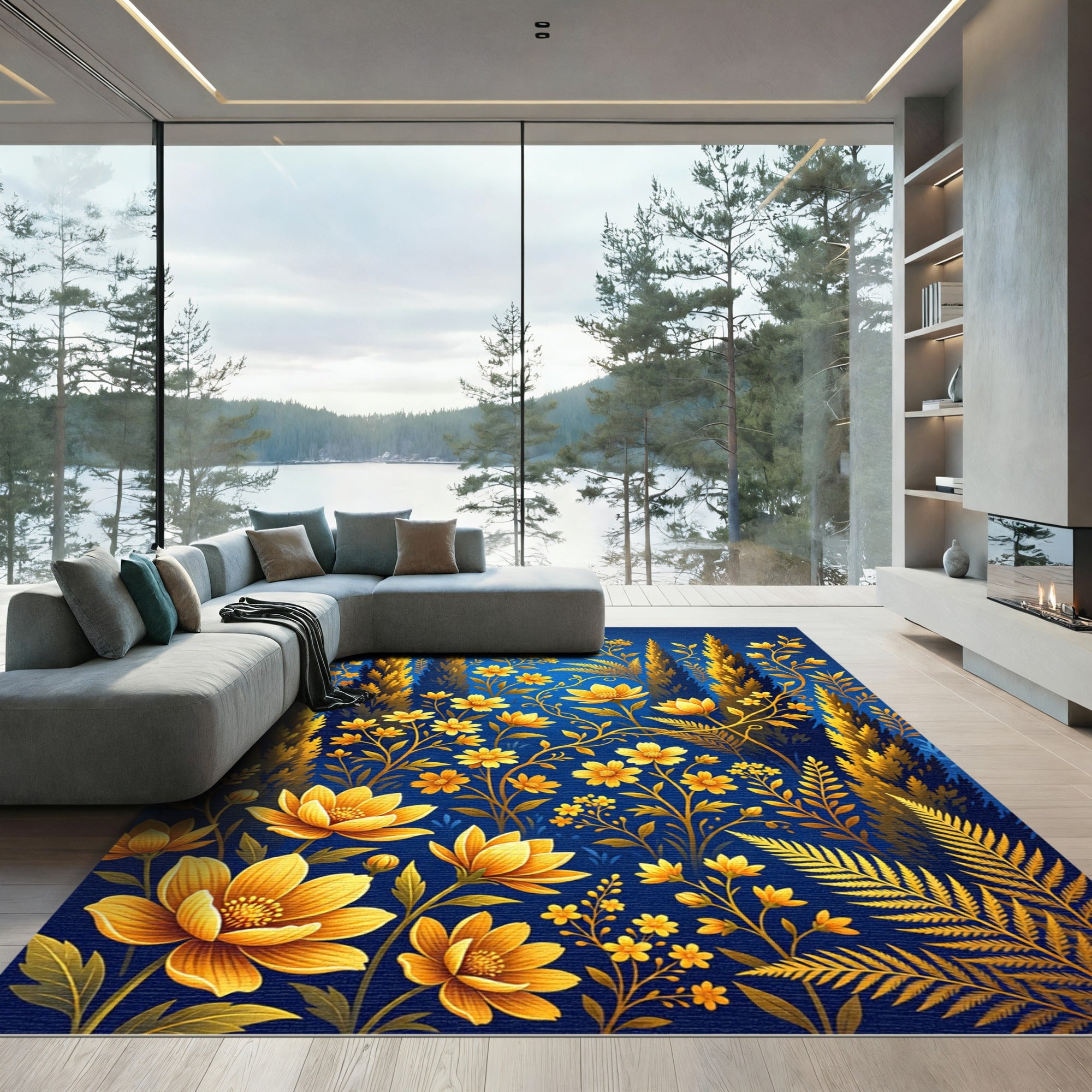 Golden Floral Meadow on Deep Blue Rug