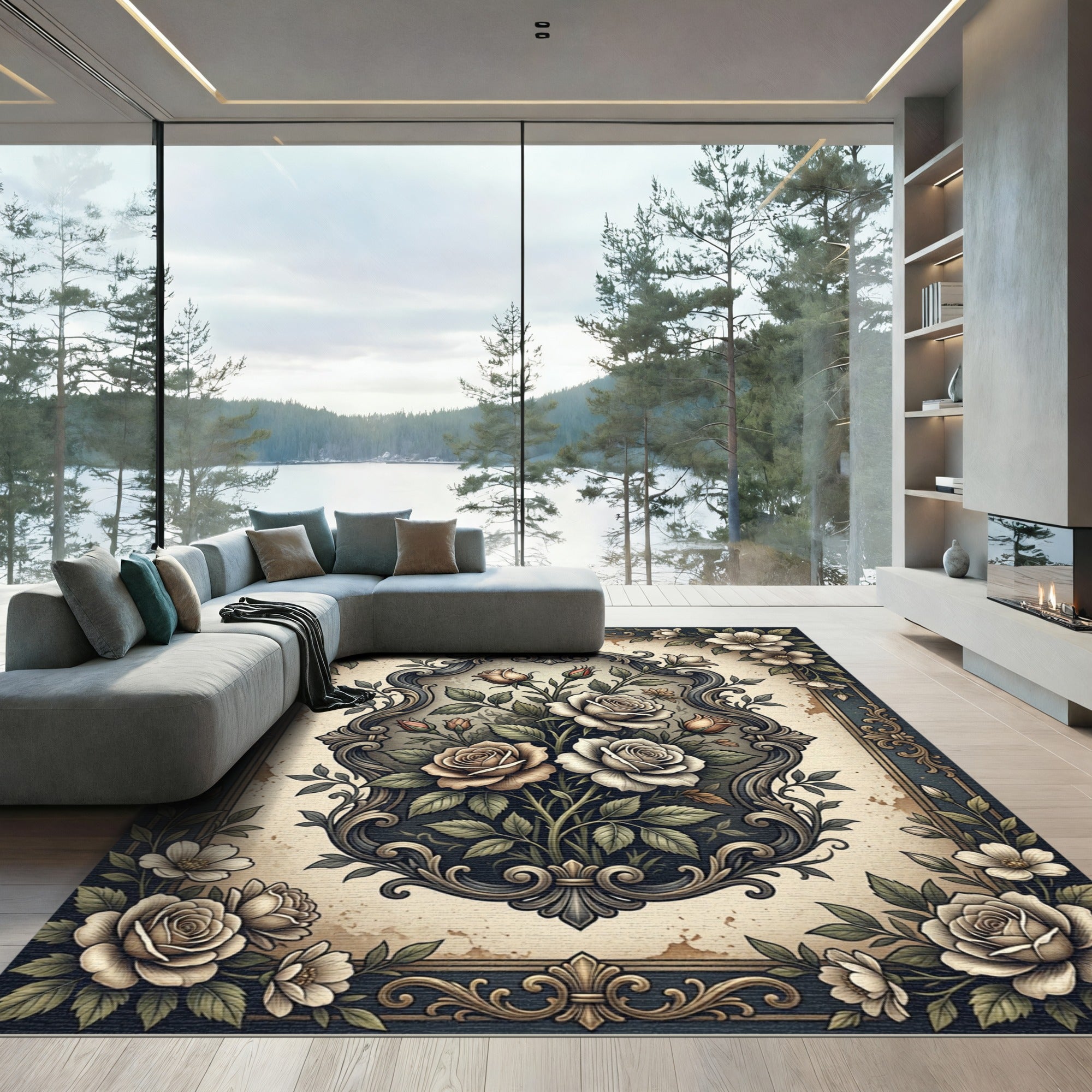 Vintage Floral Rose Ornamental Frame Rug