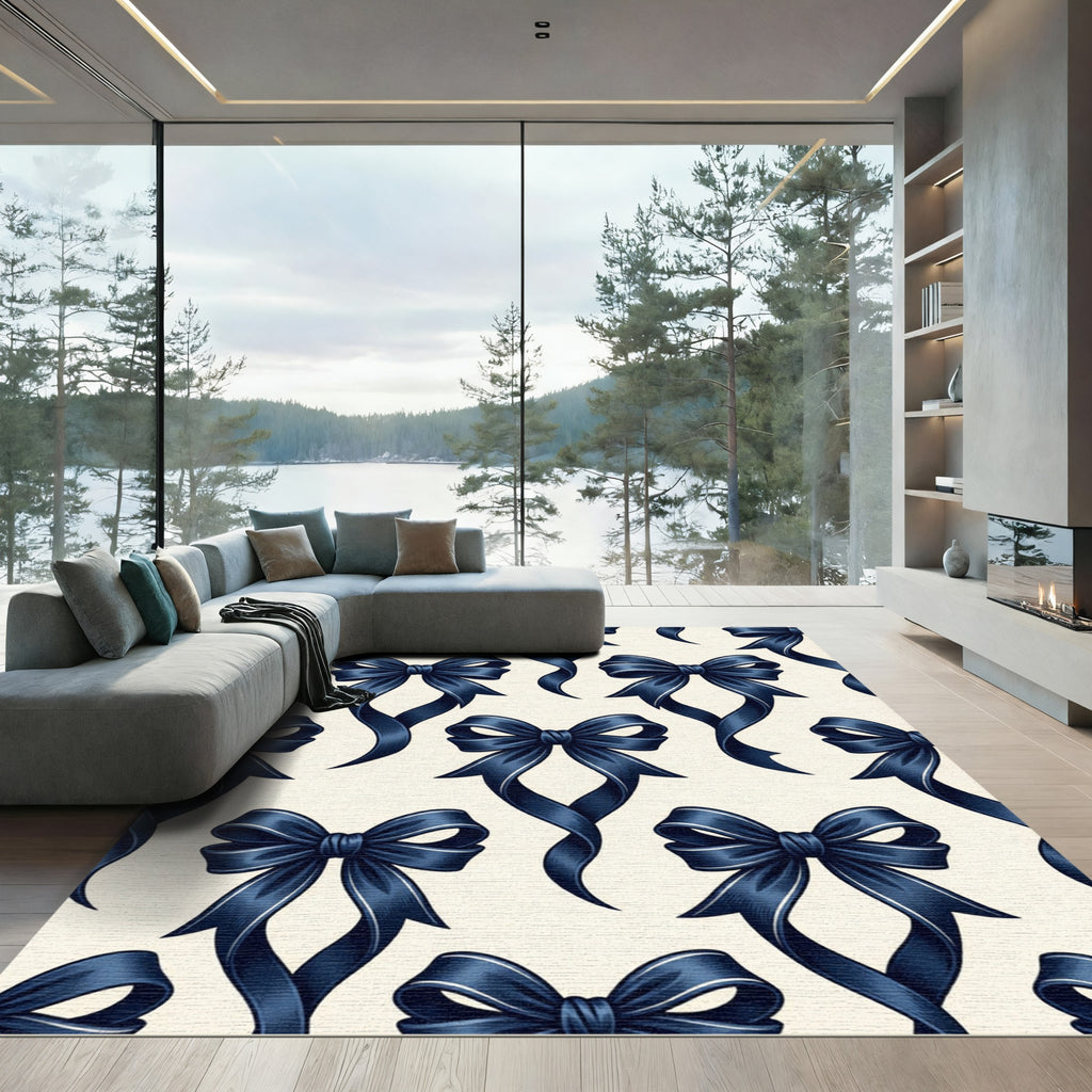 Elegant Navy Blue Bow Ribbon Accent Rug